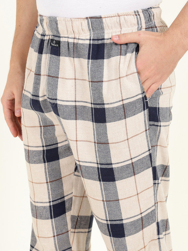 Men Beige & Navy Blue Checked Pure Cotton Relaxed Fit Night Suit