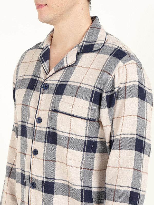 Men Beige & Navy Blue Checked Pure Cotton Relaxed Fit Night Suit