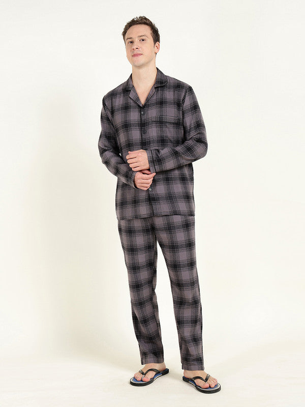 Men Grey & Black Checked Pure Cotton Relaxed Fit Night Suit
