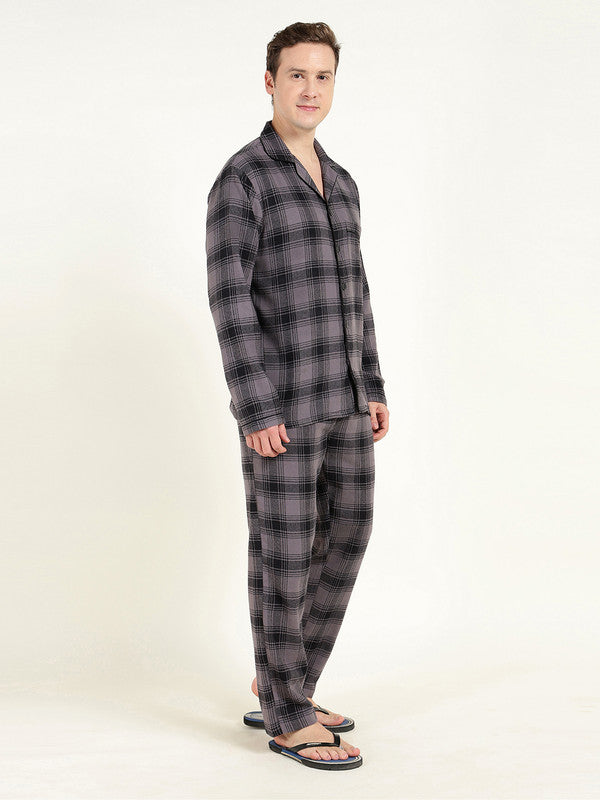 Men Grey & Black Checked Pure Cotton Relaxed Fit Night Suit