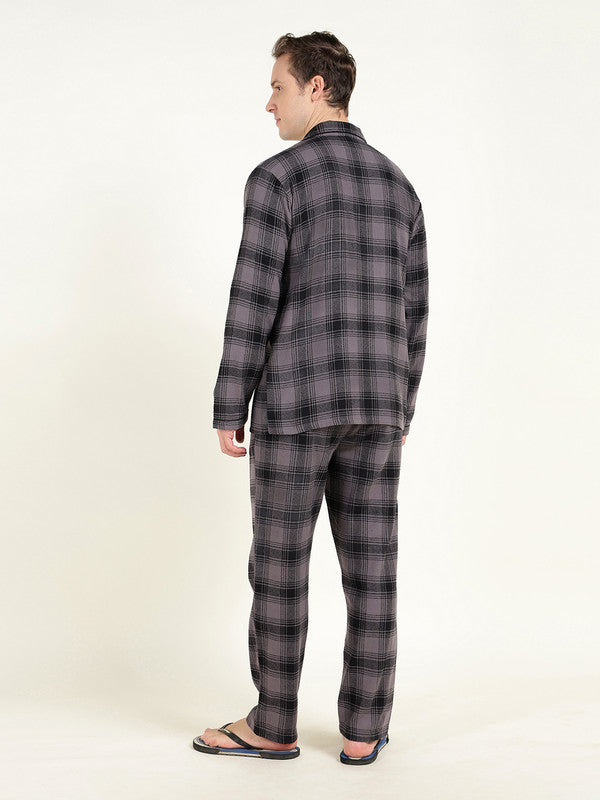Men Grey & Black Checked Pure Cotton Relaxed Fit Night Suit