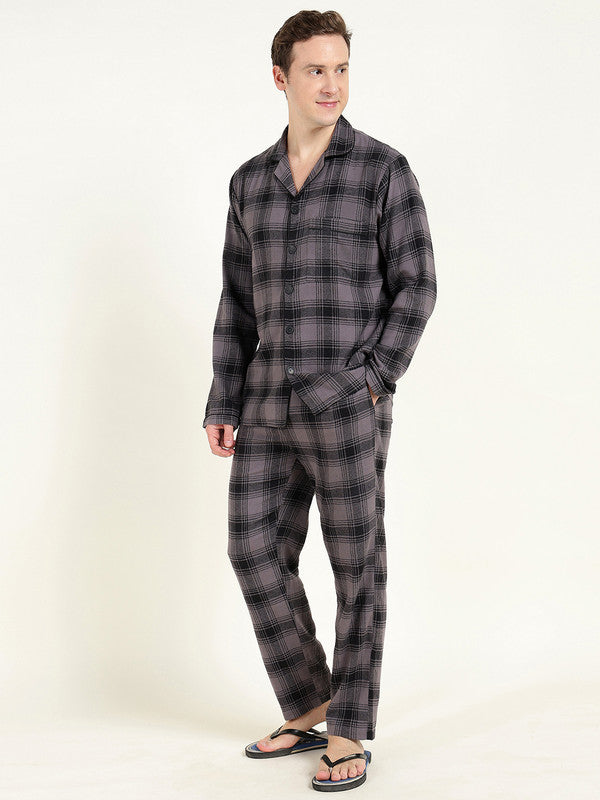Men Grey & Black Checked Pure Cotton Relaxed Fit Night Suit