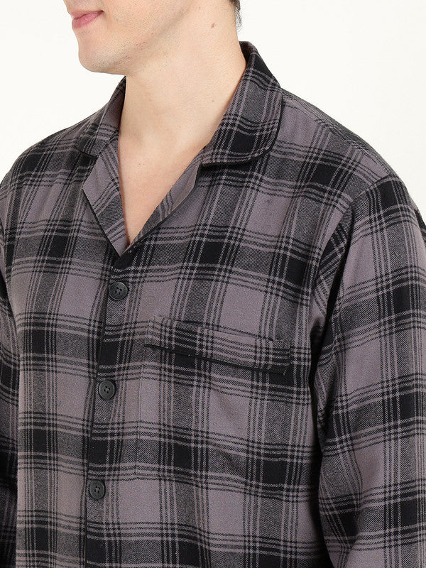 Men Grey & Black Checked Pure Cotton Relaxed Fit Night Suit