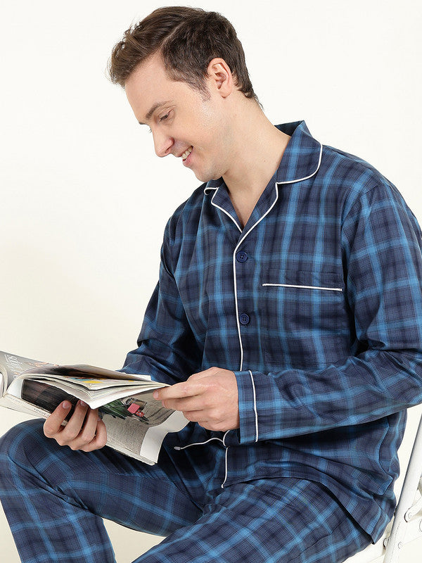 Men Navy Blue Checked Pure Cotton Relaxed Fit Night Suit