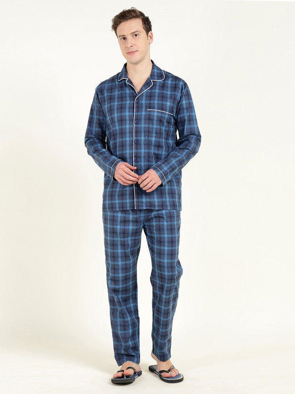 Men Navy Blue Checked Pure Cotton Relaxed Fit Night Suit