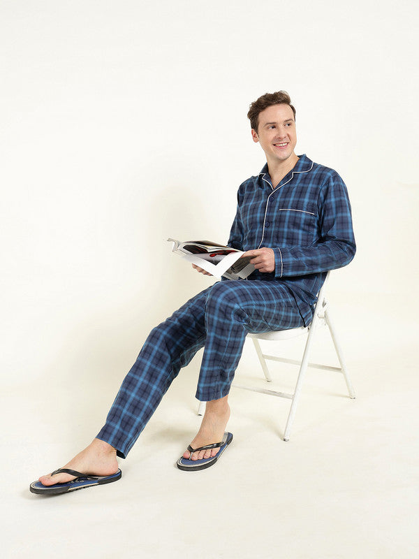 Men Navy Blue Checked Pure Cotton Relaxed Fit Night Suit