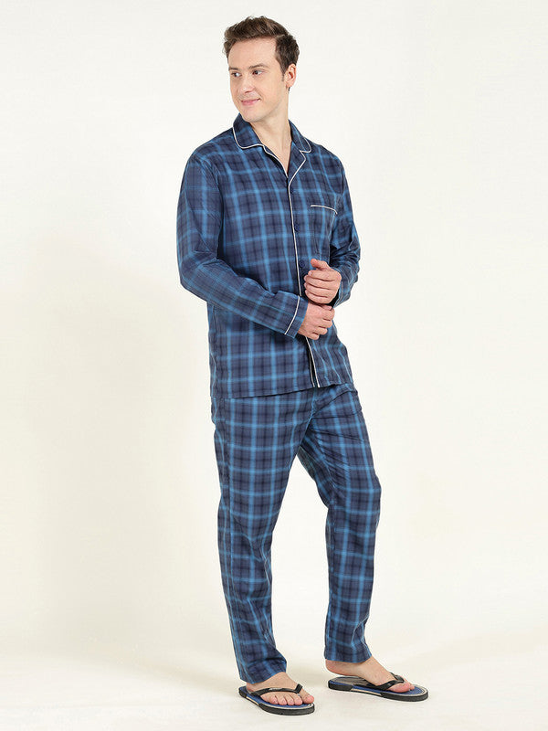 Men Navy Blue Checked Pure Cotton Relaxed Fit Night Suit