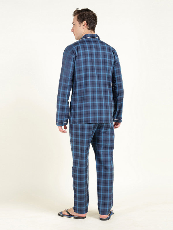 Men Navy Blue Checked Pure Cotton Relaxed Fit Night Suit