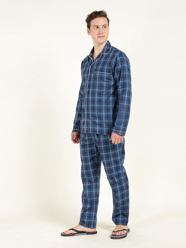 Men Navy Blue Checked Pure Cotton Relaxed Fit Night Suit