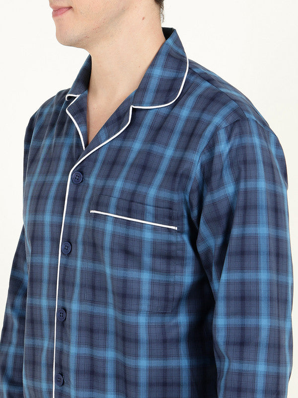 Men Navy Blue Checked Pure Cotton Relaxed Fit Night Suit