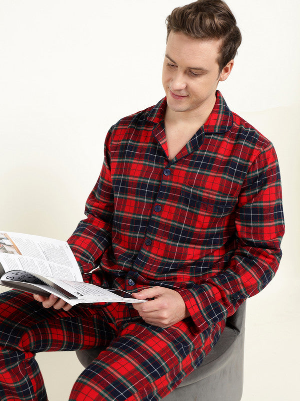 Men Red & Navy Blue Checked Pure Cotton Relaxed Fit Night Suit