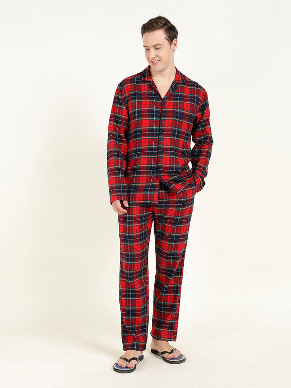 Men Red & Navy Blue Checked Pure Cotton Relaxed Fit Night Suit