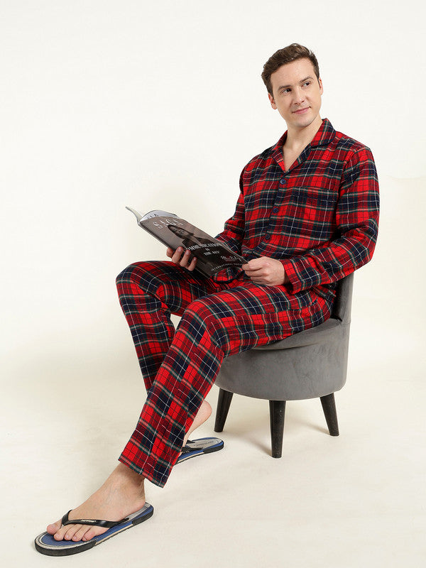 Men Red & Navy Blue Checked Pure Cotton Relaxed Fit Night Suit
