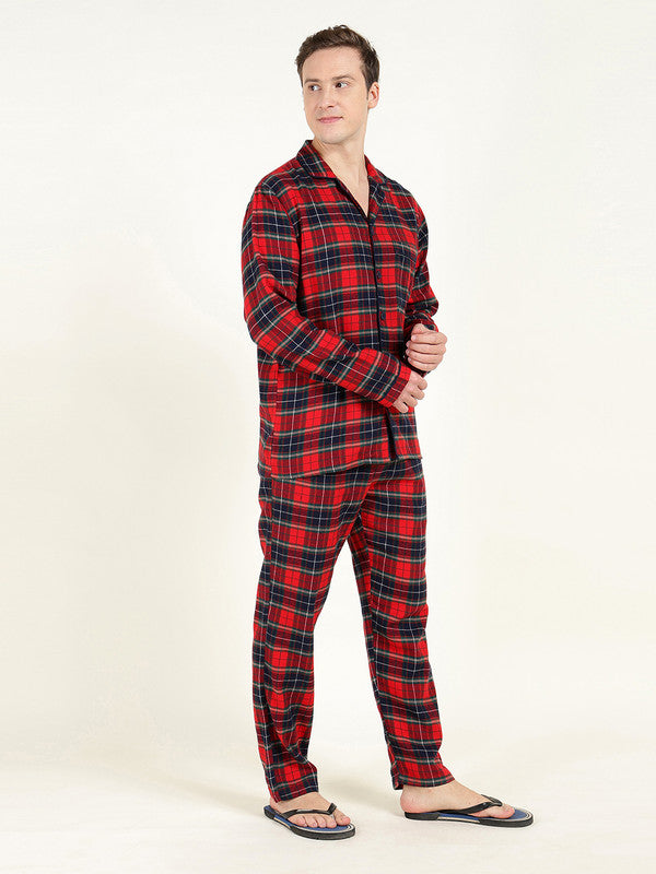 Men Red & Navy Blue Checked Pure Cotton Relaxed Fit Night Suit