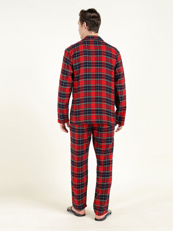 Men Red & Navy Blue Checked Pure Cotton Relaxed Fit Night Suit
