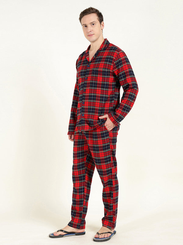 Men Red & Navy Blue Checked Pure Cotton Relaxed Fit Night Suit