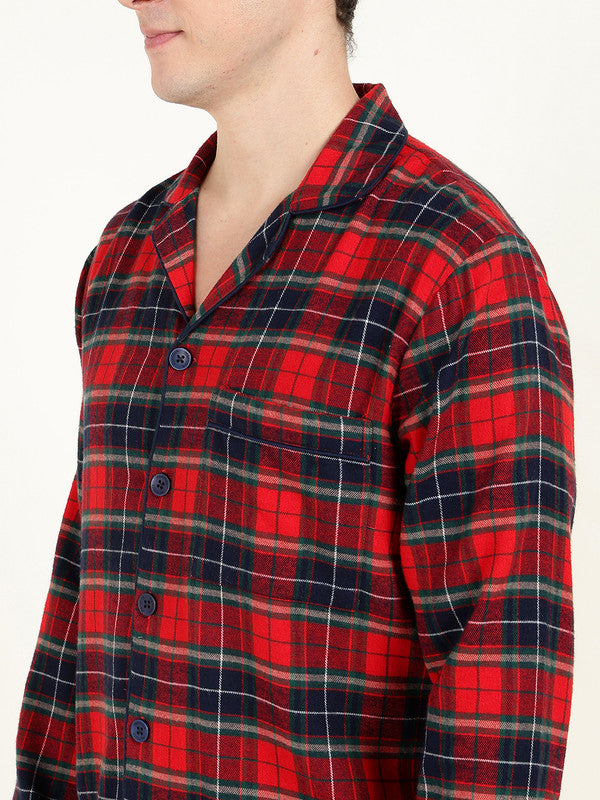 Men Red & Navy Blue Checked Pure Cotton Relaxed Fit Night Suit
