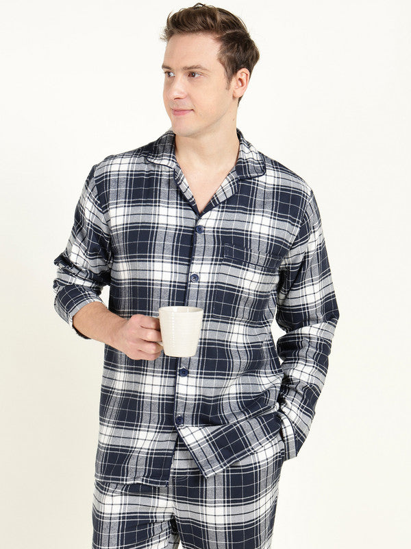 Men Navy Blue & White Checked Pure Cotton Relaxed Fit Night Suit
