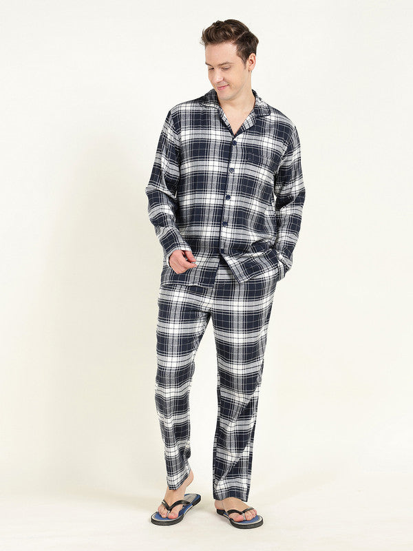 Men Navy Blue & White Checked Pure Cotton Relaxed Fit Night Suit