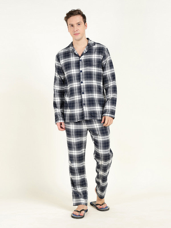 Men Navy Blue & White Checked Pure Cotton Relaxed Fit Night Suit