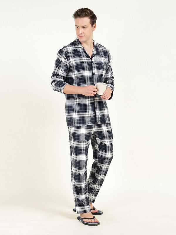 Men Navy Blue & White Checked Pure Cotton Relaxed Fit Night Suit