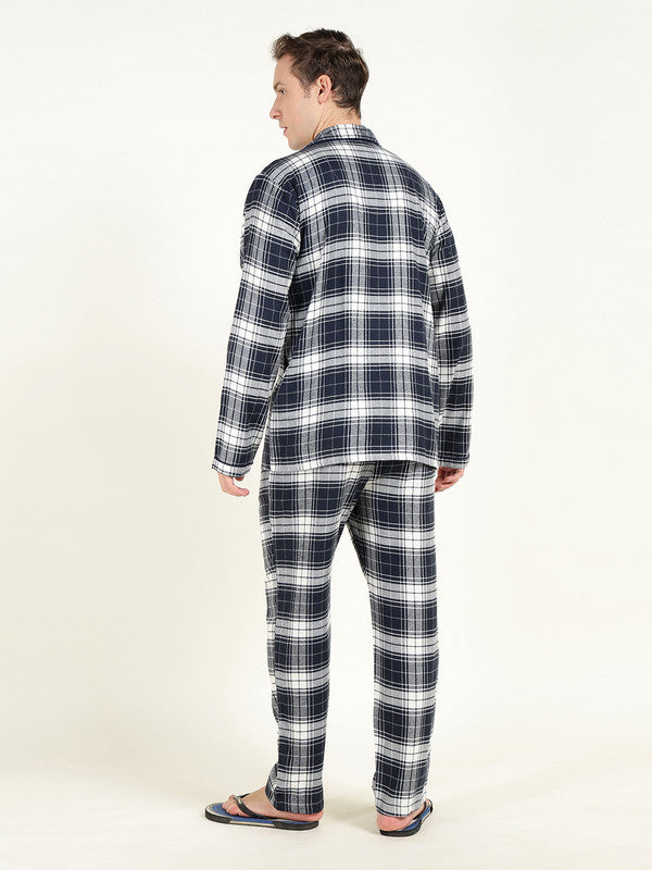Men Navy Blue & White Checked Pure Cotton Relaxed Fit Night Suit