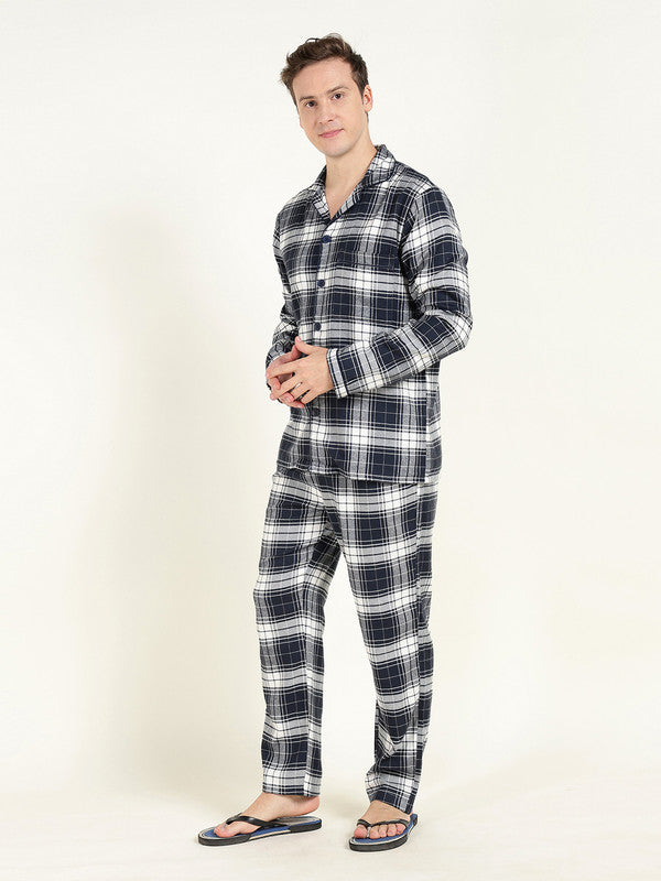 Men Navy Blue & White Checked Pure Cotton Relaxed Fit Night Suit
