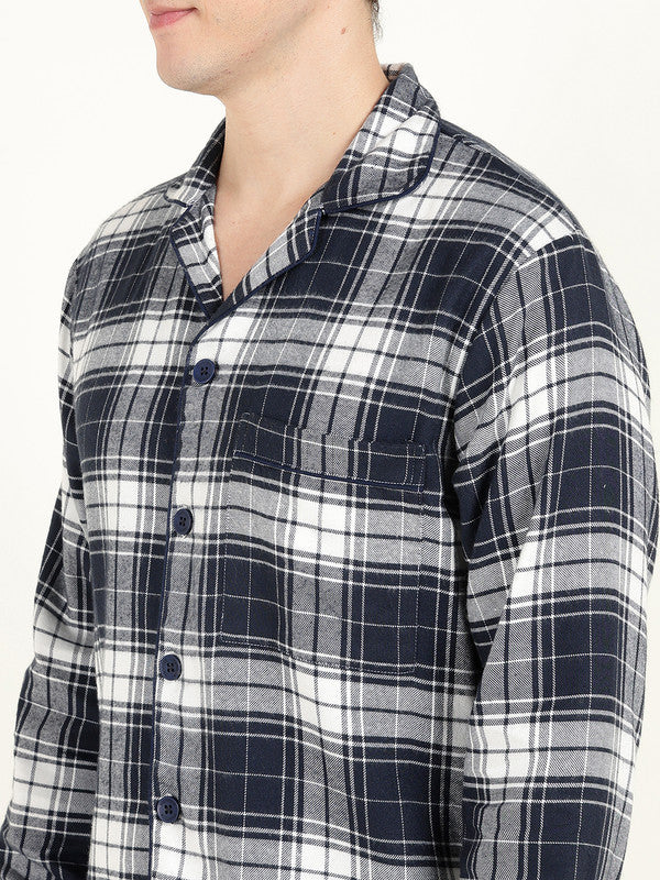 Men Navy Blue & White Checked Pure Cotton Relaxed Fit Night Suit