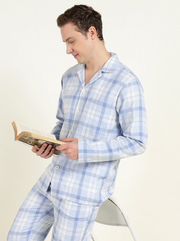 Men Sky Blue Checked Pure Cotton Relaxed Fit Night Suit