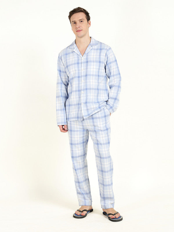 Men Sky Blue Checked Pure Cotton Relaxed Fit Night Suit