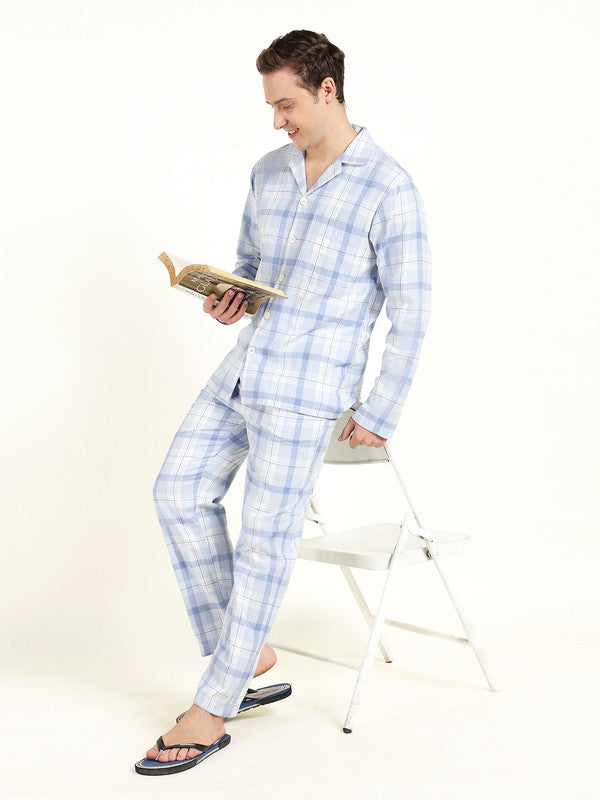 Men Sky Blue Checked Pure Cotton Relaxed Fit Night Suit