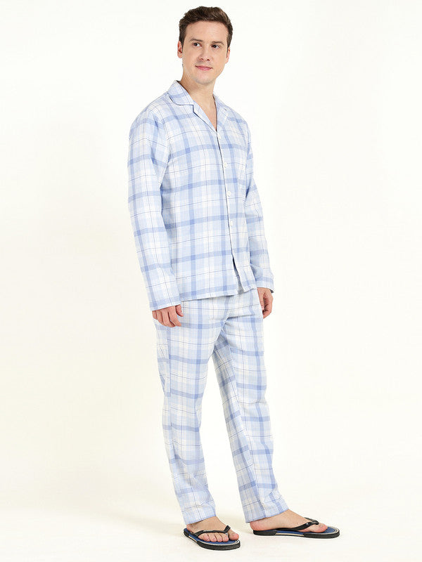 Men Sky Blue Checked Pure Cotton Relaxed Fit Night Suit