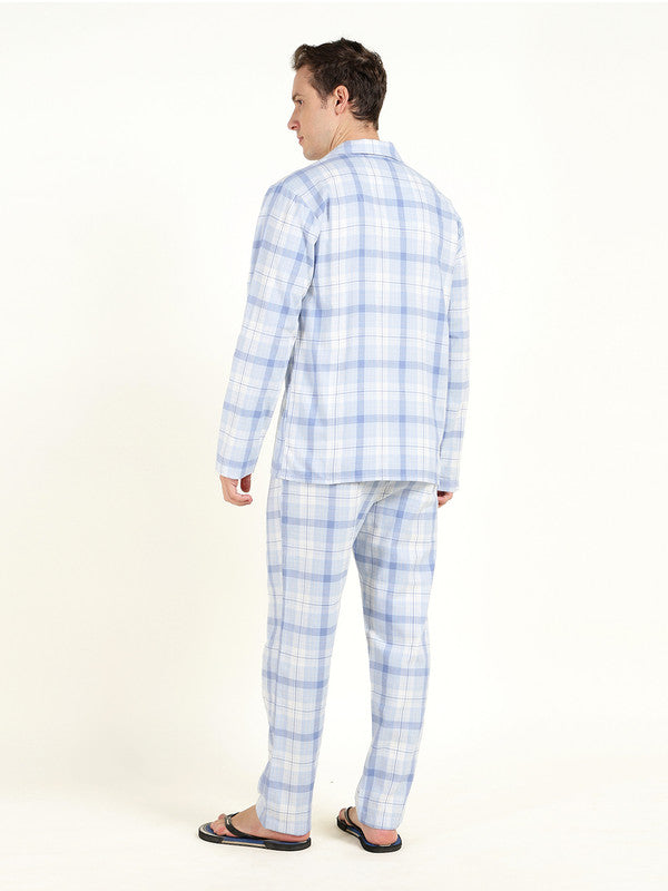 Men Sky Blue Checked Pure Cotton Relaxed Fit Night Suit