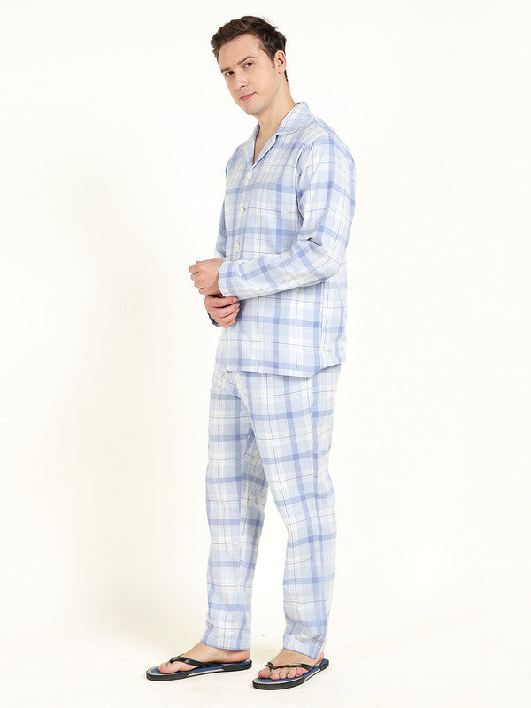 Men Sky Blue Checked Pure Cotton Relaxed Fit Night Suit