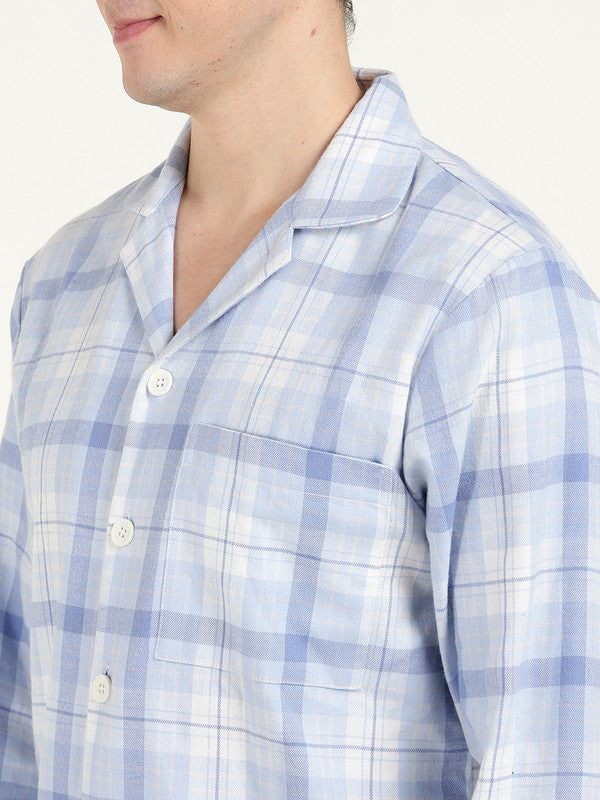 Men Sky Blue Checked Pure Cotton Relaxed Fit Night Suit