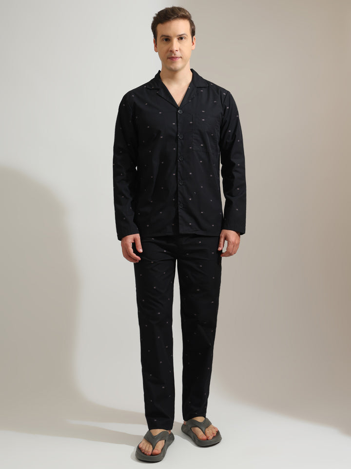 Hancock   Men   Black   Solids   Pure Cotton   Relaxed Fit   Night Wear   Night Suit