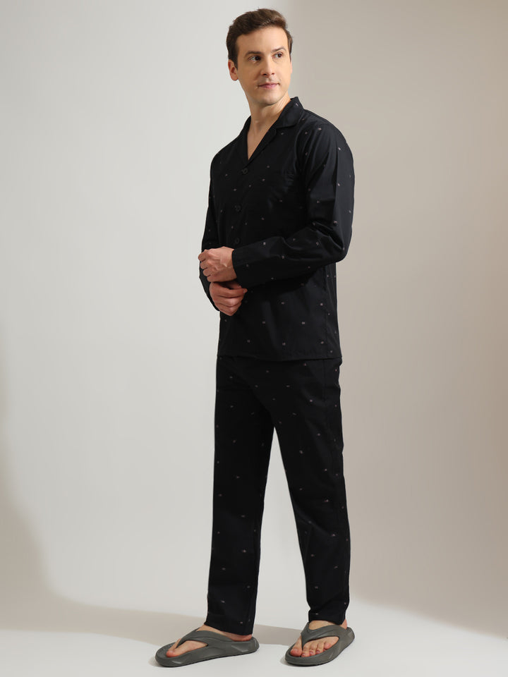 Hancock   Men   Black   Solids   Pure Cotton   Relaxed Fit   Night Wear   Night Suit
