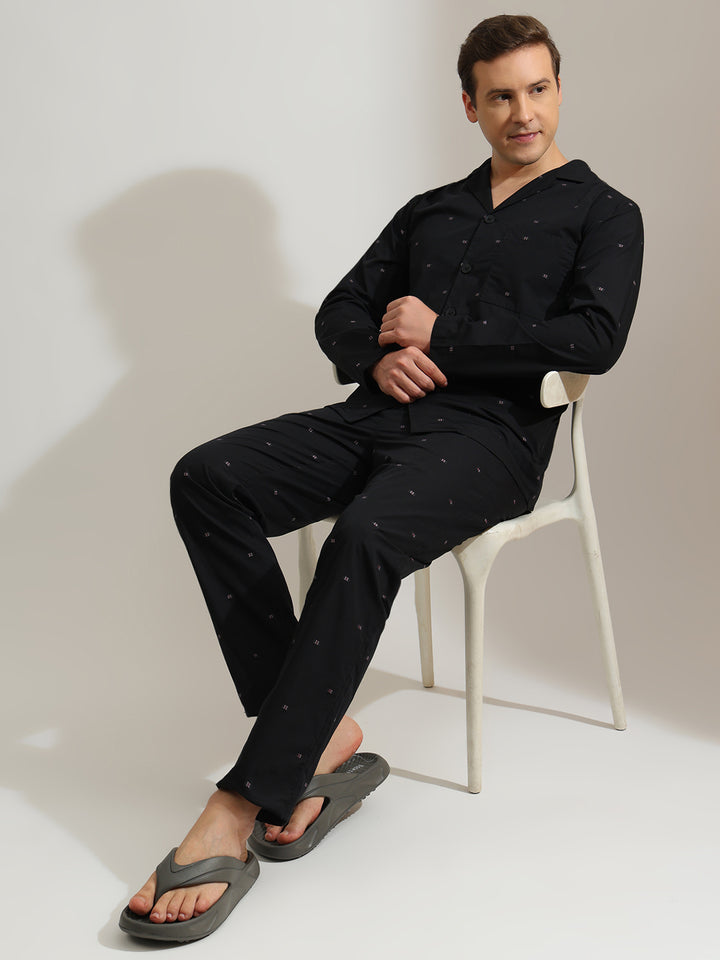 Hancock   Men   Black   Solids   Pure Cotton   Relaxed Fit   Night Wear   Night Suit