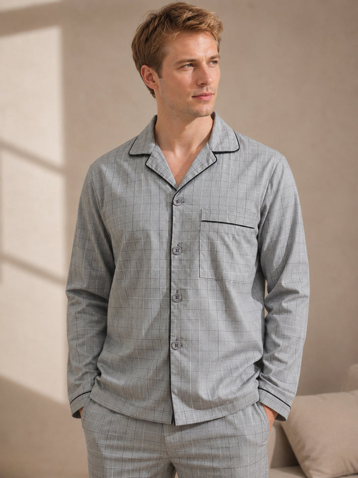 Hancock   Men   Grey   Checks   Pure Cotton   Relaxed Fit   Night Wear   Night Suit