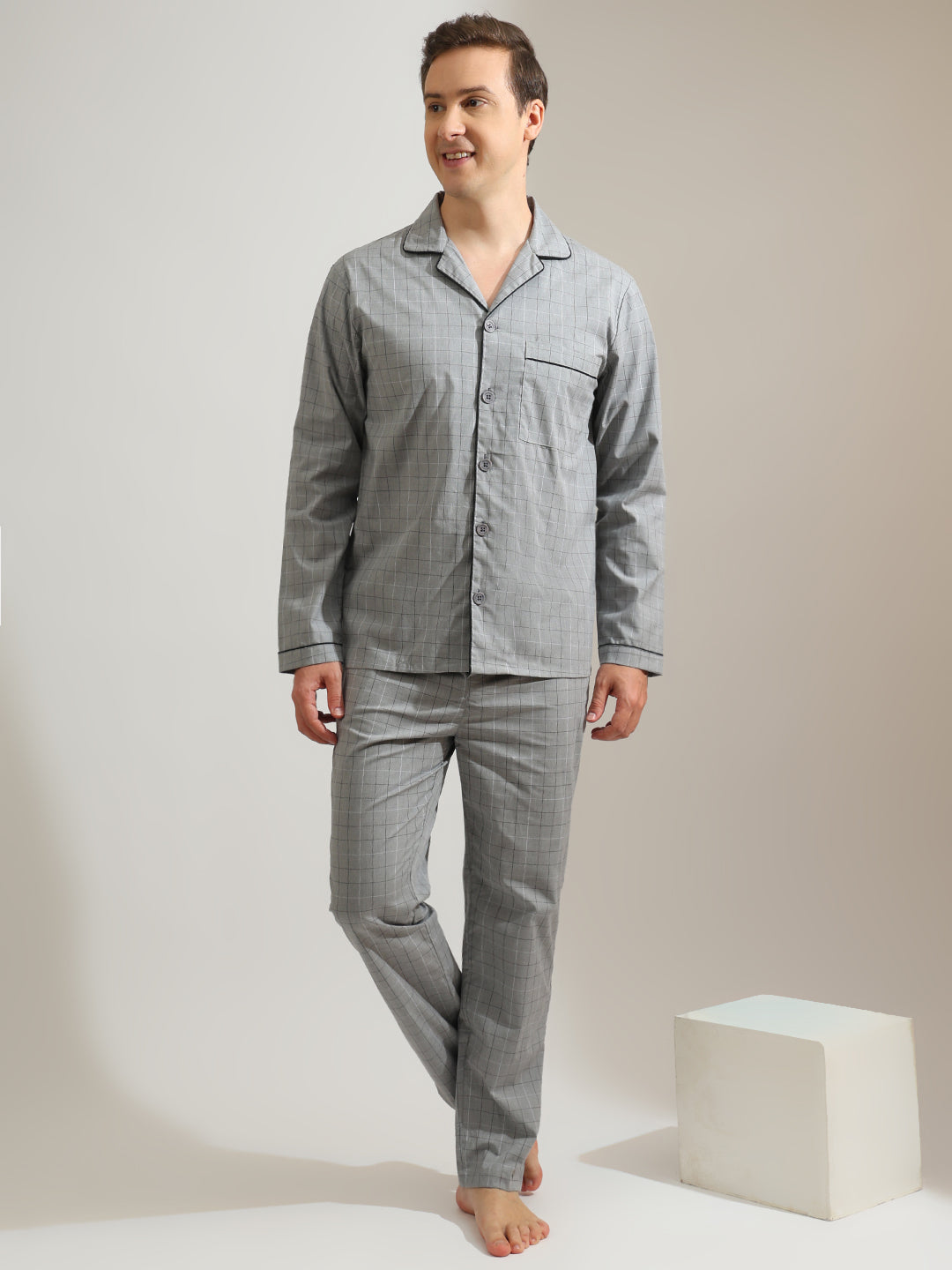 Hancock   Men   Grey   Checks   Pure Cotton   Relaxed Fit   Night Wear   Night Suit