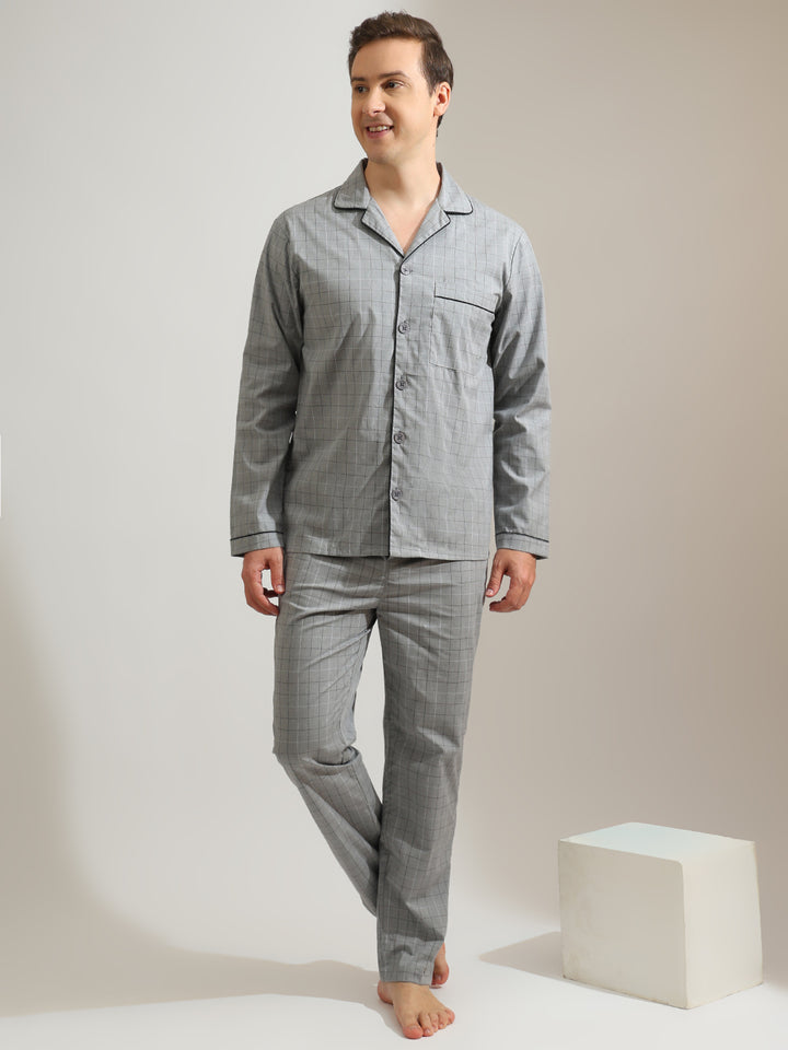 Hancock   Men   Grey   Checks   Pure Cotton   Relaxed Fit   Night Wear   Night Suit