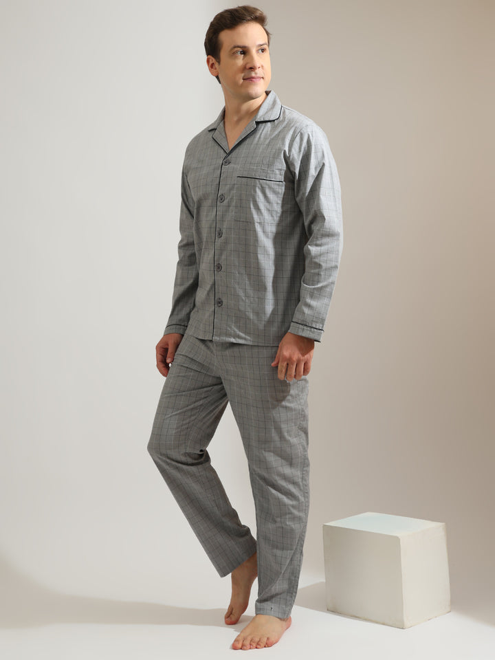 Hancock   Men   Grey   Checks   Pure Cotton   Relaxed Fit   Night Wear   Night Suit