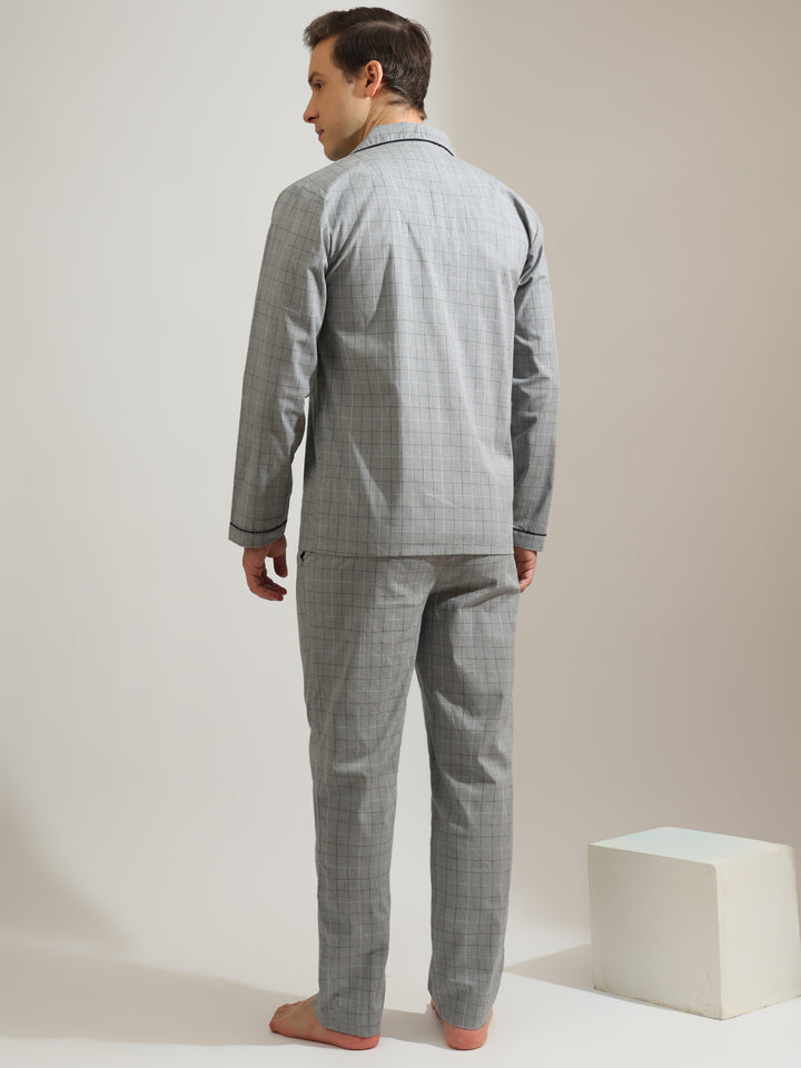 Hancock   Men   Grey   Checks   Pure Cotton   Relaxed Fit   Night Wear   Night Suit