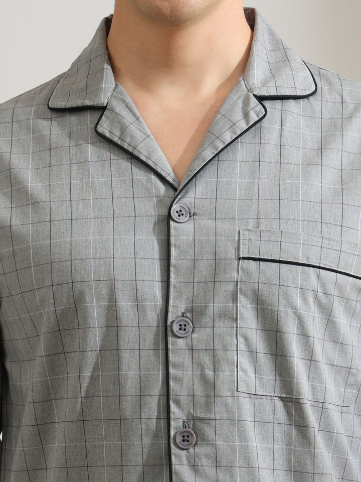 Hancock   Men   Grey   Checks   Pure Cotton   Relaxed Fit   Night Wear   Night Suit