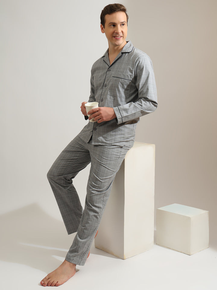 Hancock   Men   Grey   Checks   Pure Cotton   Relaxed Fit   Night Wear   Night Suit