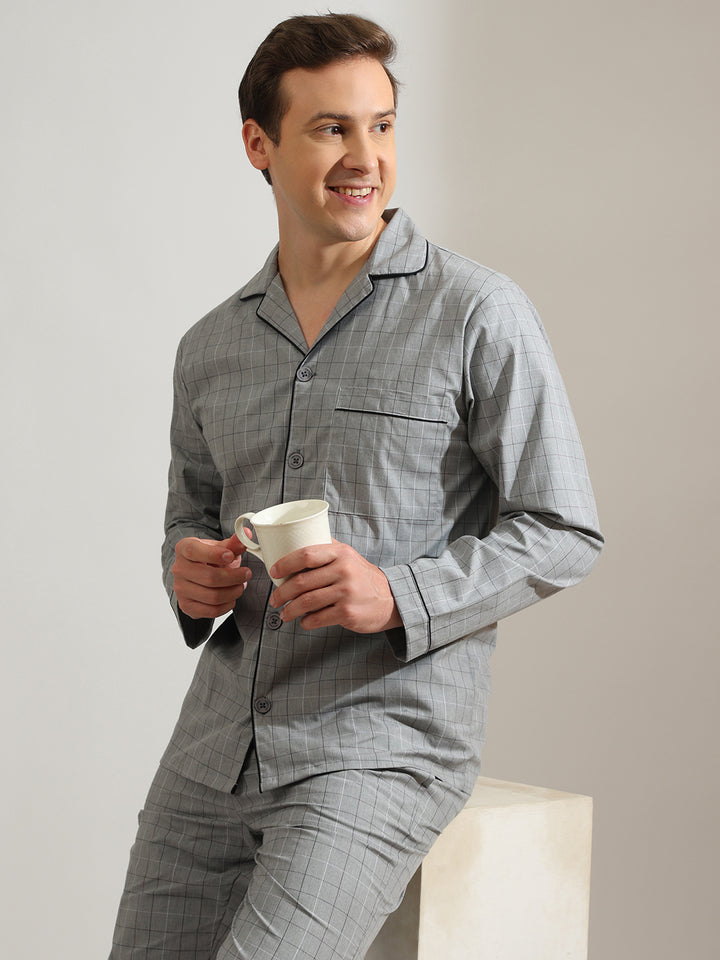Hancock   Men   Grey   Checks   Pure Cotton   Relaxed Fit   Night Wear   Night Suit