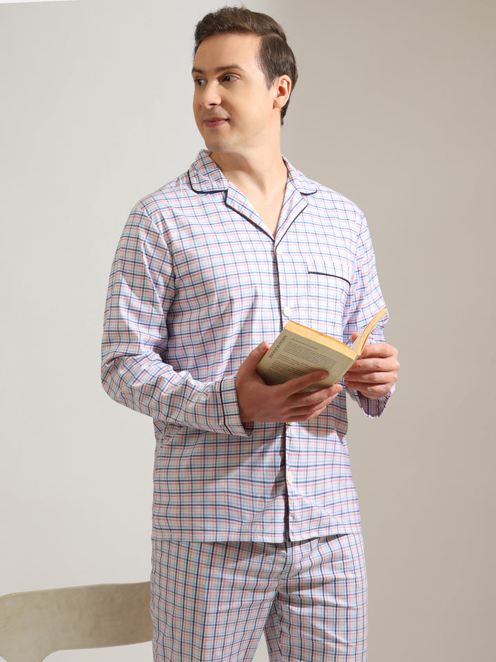 Hancock   Men   White & Multi   Checks   Pure Cotton   Relaxed Fit   Night Wear   Night Suit