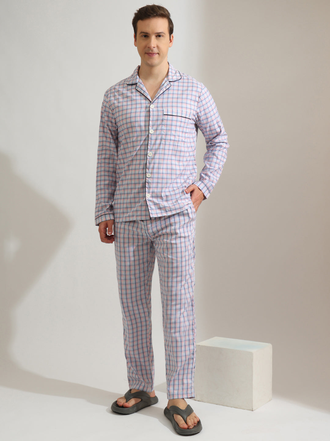 Hancock   Men   White & Multi   Checks   Pure Cotton   Relaxed Fit   Night Wear   Night Suit