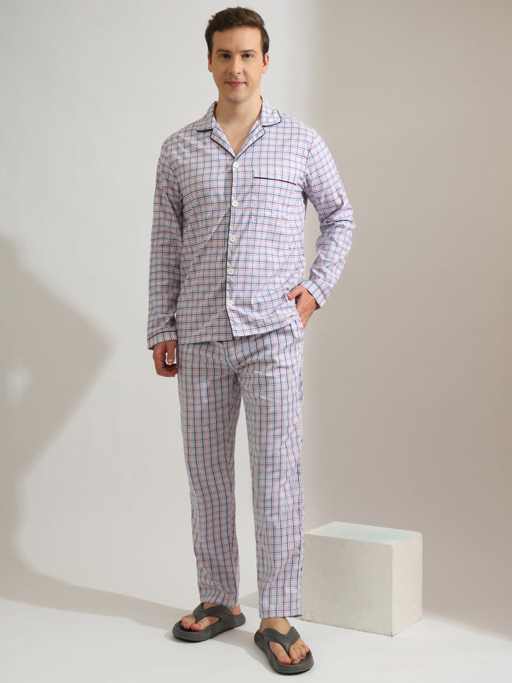 Hancock   Men   White & Multi   Checks   Pure Cotton   Relaxed Fit   Night Wear   Night Suit