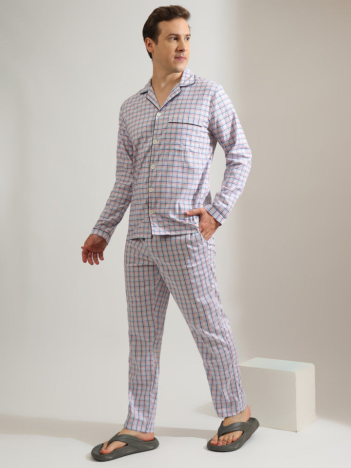 Hancock   Men   White & Multi   Checks   Pure Cotton   Relaxed Fit   Night Wear   Night Suit